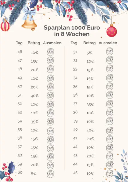 Weihnachts-Sparplan 1.000 Euro in 8 Wochen Sparplan AndreasJansen Vorlage