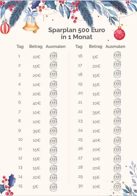 Weihnachts-Sparplan 500 Euro in 1 Monat Sparplan AndreasJansen Vorlage