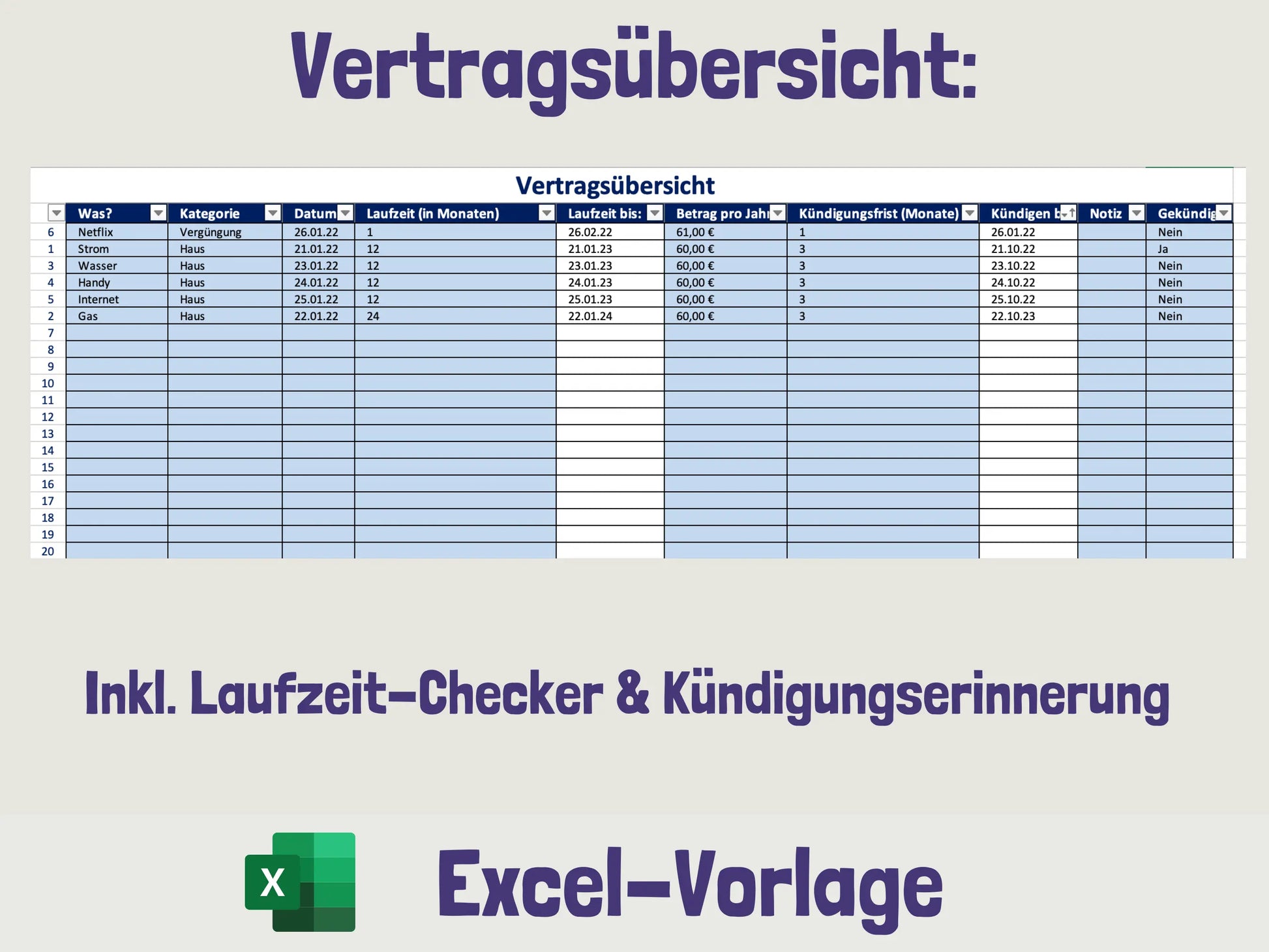Vertragsübersicht (Excel) Excel AndreasJansen Vorlage