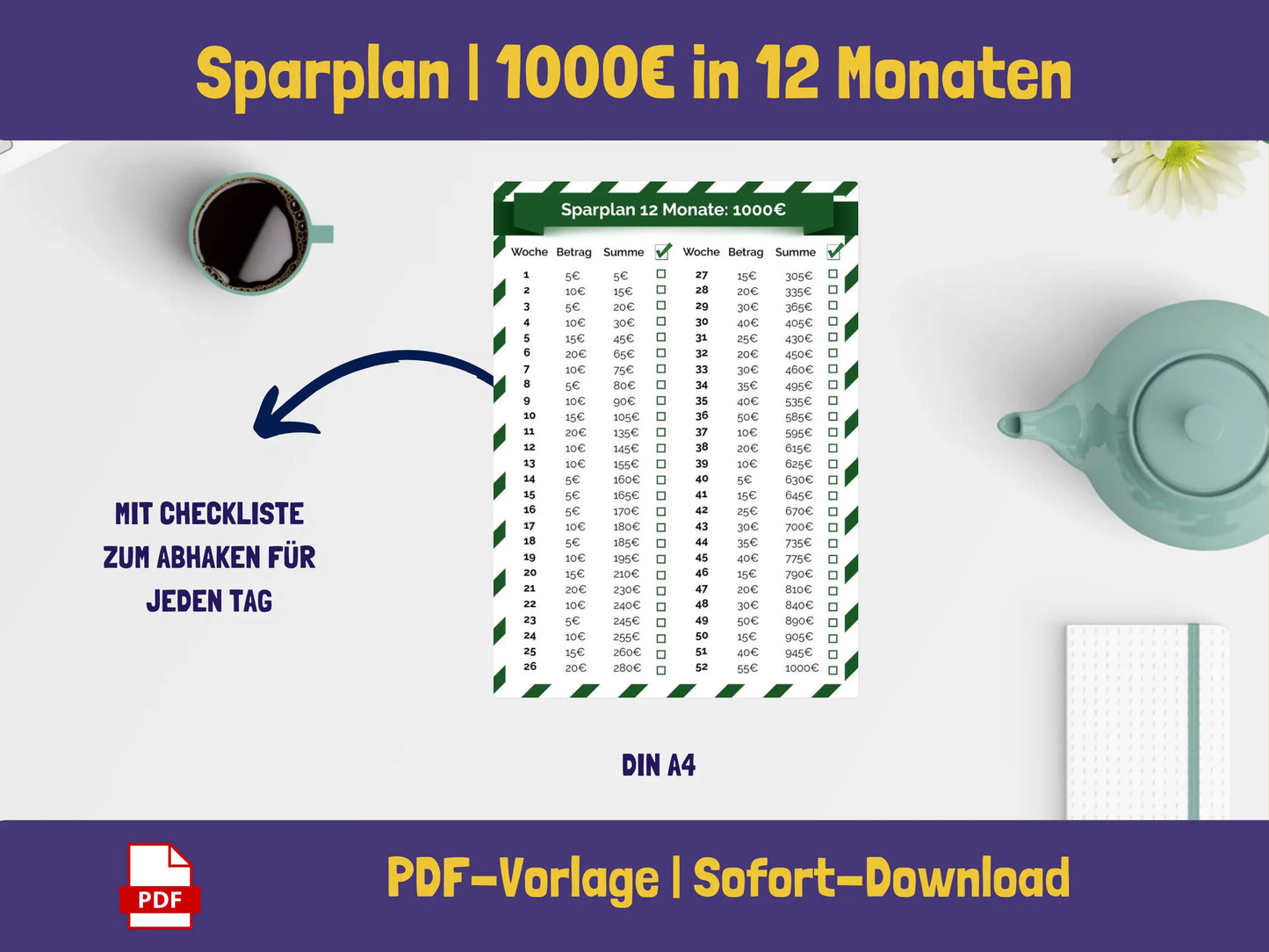 Gratis: Sparplan 1.000 Euro in 12 Monaten (mit Checkboxen) PDF AndreasJansen Vorlage