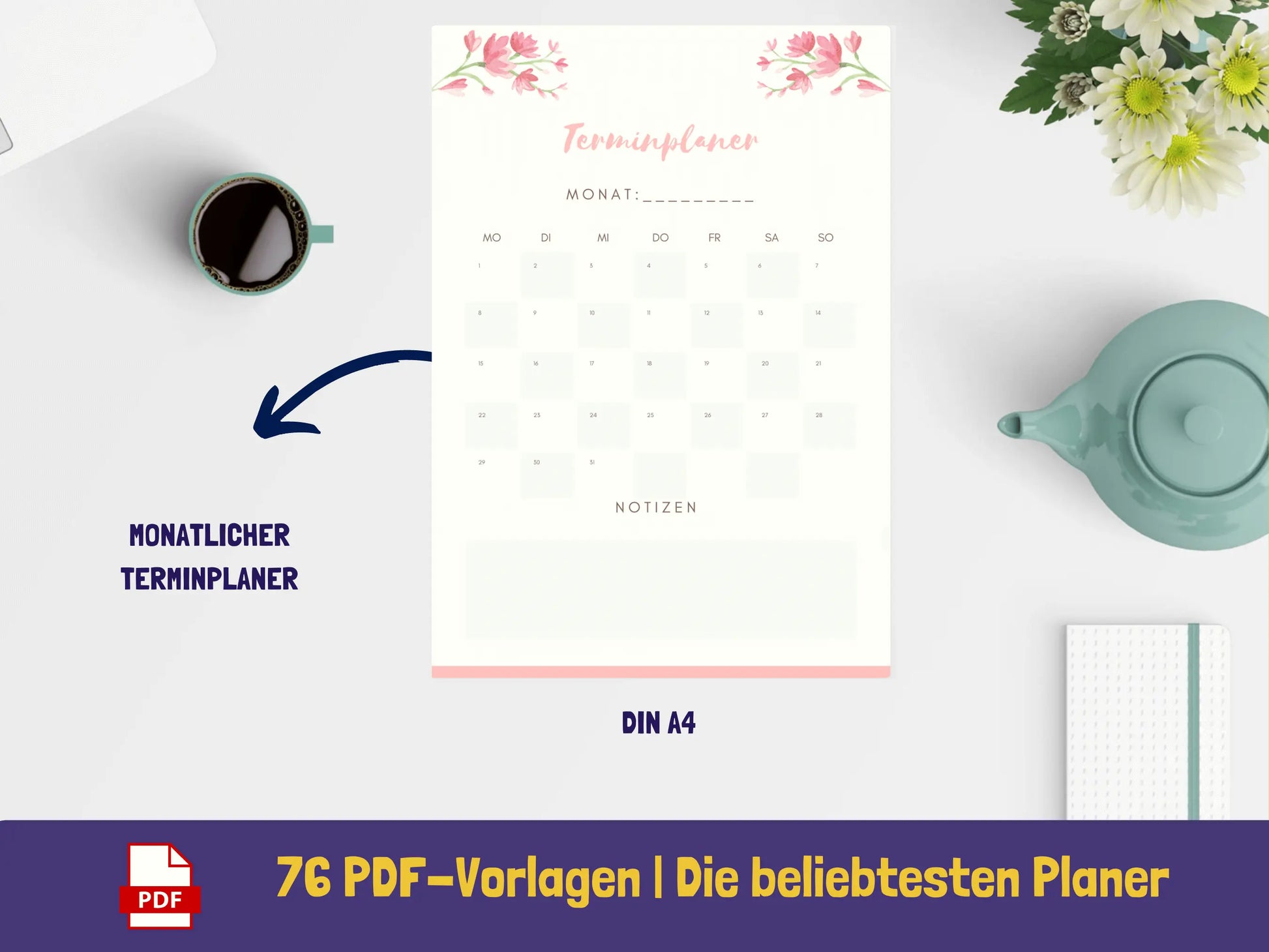Tages-, Wochen-, Monatsplaner: Set der besten Planer - Variante Blumen PDF AndreasJansen Vorlage